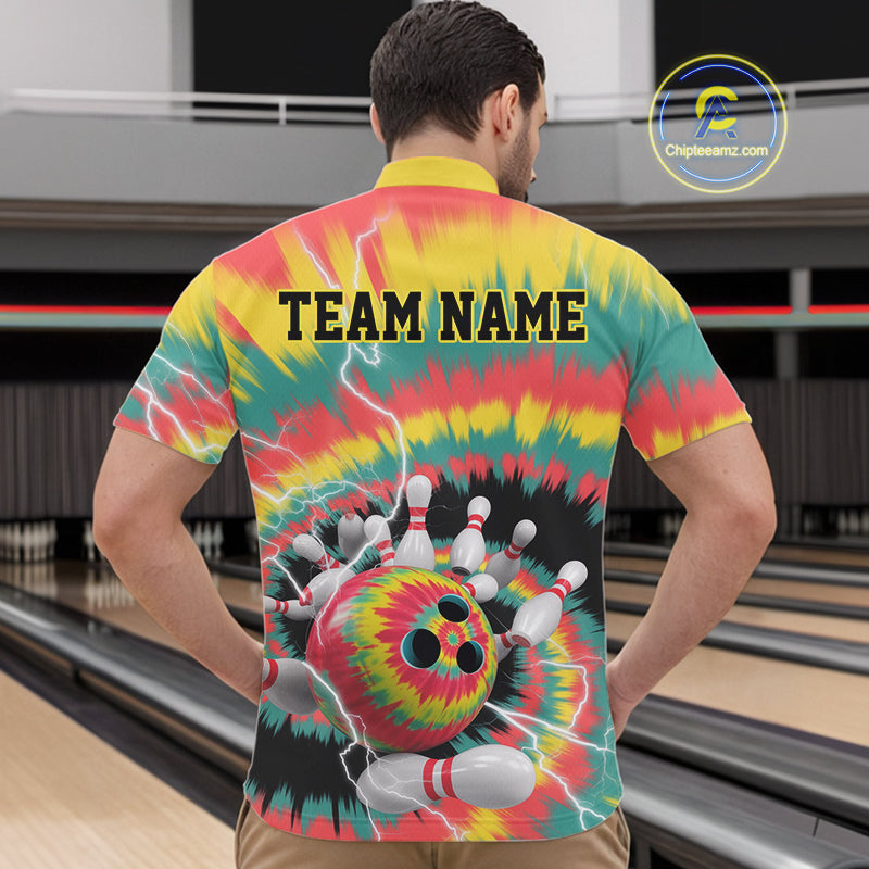 Custom Colorful Tie Dye Bowling Quarter-Zip Shirts For Men, Rainbow Bowling Outfit IPHW9115