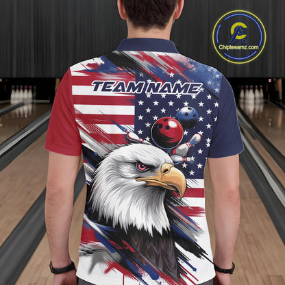 Custom Patriotic Eagle Bowling Shirts For Men, US Flag Bowling League Team Shirt IPHW9476