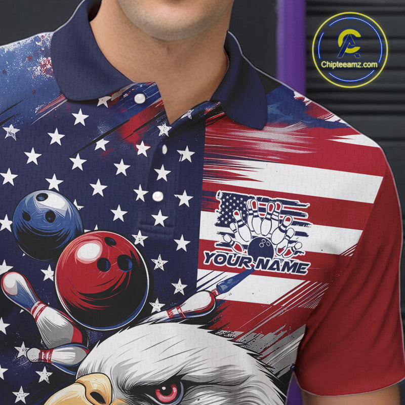 Custom Patriotic Eagle Bowling Shirts For Men, US Flag Bowling League Team Shirt IPHW9476