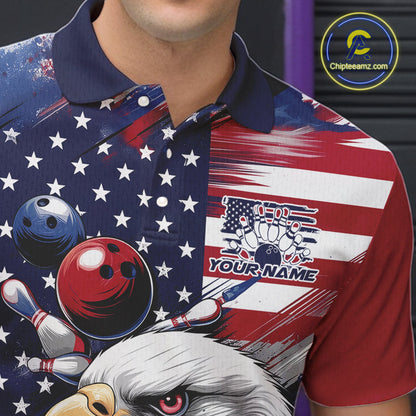 Custom Patriotic Eagle Bowling Shirts For Men, US Flag Bowling League Team Shirt IPHW9476