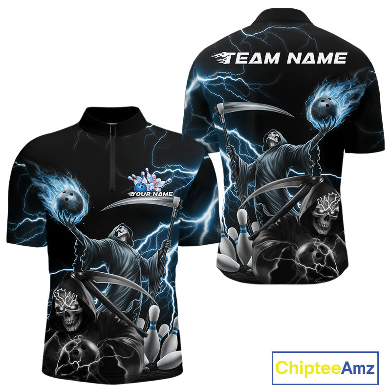 Custom Blue Lightning Grim Reaper Skull Bowling Men Quarter-Zip Shirt, Halloween Outfit IPHW9848