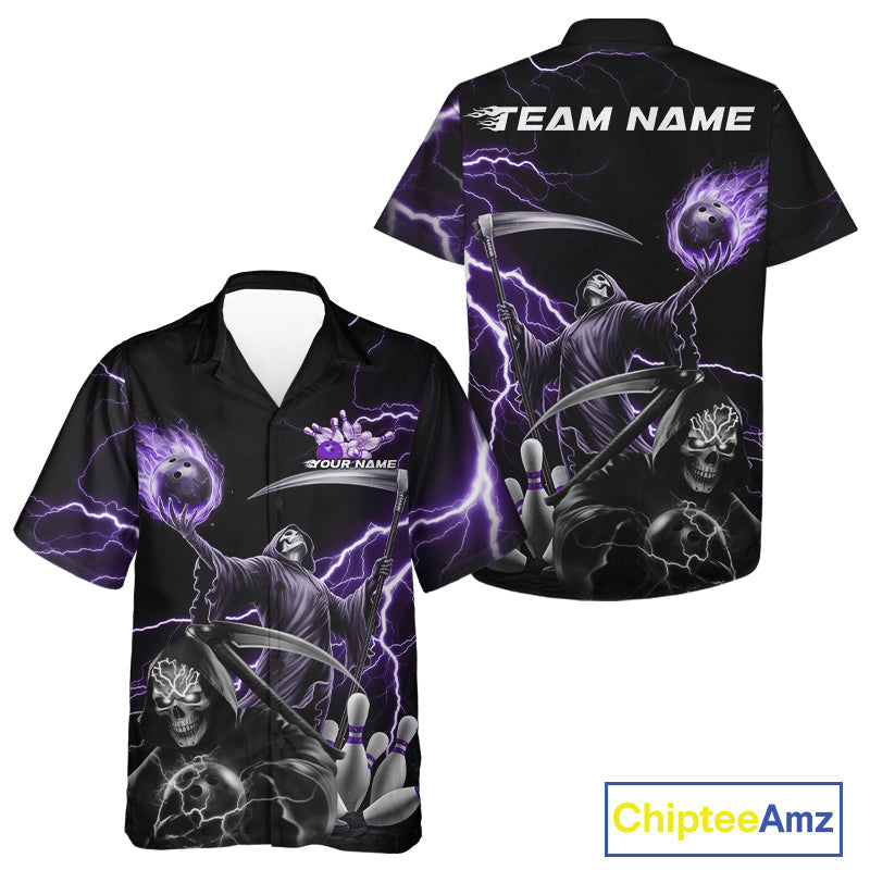 Custom Purple Lightning Grim Reaper Skull Bowling Men And Women Hawaiian Shirt, Halloween Outfit IPHW9849