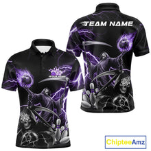 Load image into Gallery viewer, Custom Purple Lightning Grim Reaper Skull Bowling Men Polo Shirt, Halloween Outfit IPHW9849