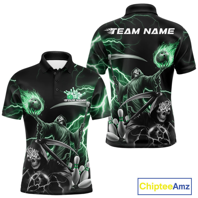 Custom Green Lightning Grim Reaper Skull Bowling Men Polo Shirt, Halloween Outfit IPHW9850