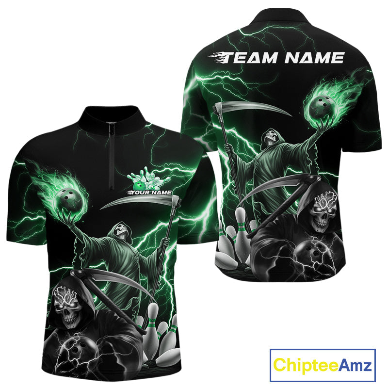 Custom Green Lightning Grim Reaper Skull Bowling Men Quarter-Zip Shirt, Halloween Outfit IPHW9850