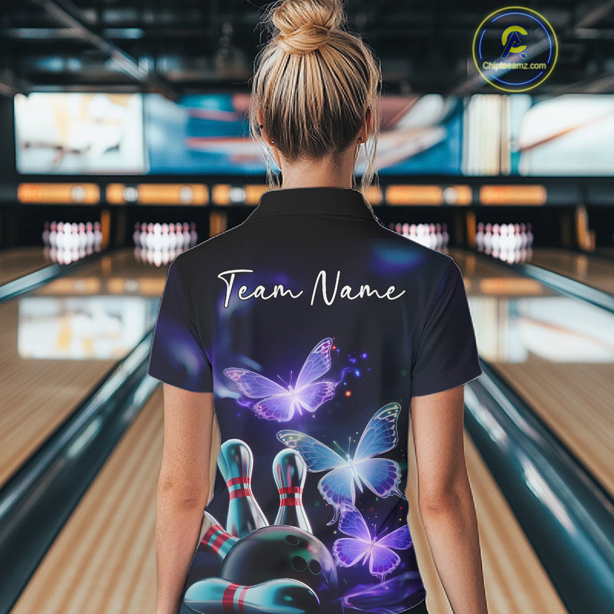 Custom Butterfly Bowling Polo Shirts For Women, Bowling Team Shirt With Butterflies IPHW8147