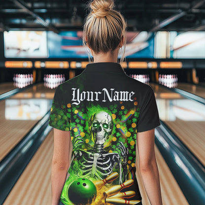 Custom Green Flame Skull Saint Patrick Day Bowling Polo Shirts For Women, Shamrock Bowling IPHW8378