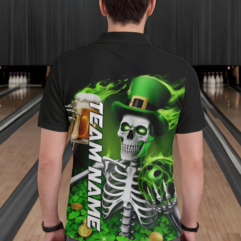 Custom Green St Patricks Day Funny Skull Drink Beer Bowling Polo Shirts For Men IPHW8380