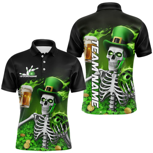 Custom Green St Patricks Day Funny Skull Drink Beer Bowling Polo Shirts For Men IPHW8380