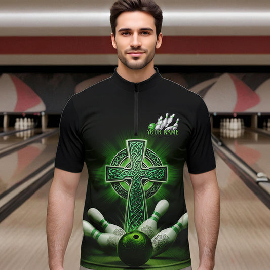 Custom Celtic Cross Faith Bowling Quarter-Zip Team Shirts For Men, Bowlers Outfits IPHW8577
