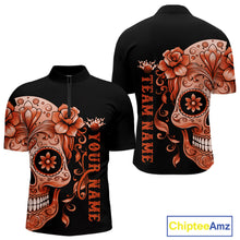Load image into Gallery viewer, Orange Sugar Skull Tattoo Custom Men Bowling Quarter-Zip Shirt, Halloween Team Bowling Jerseys IPHW10724