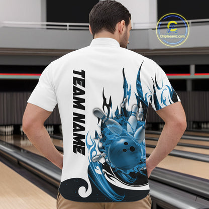 Custom Blue Flame Bowling Team Jerseys, Bowling League Quarter-Zip Shirt For Men IPHW10725