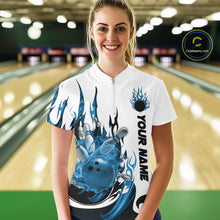 Load image into Gallery viewer, Custom Blue Flame Bowling Team Jerseys, Bowling League Quarter-Zip Shirt For Women IPHW10725