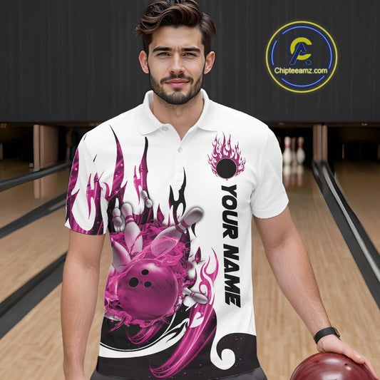 Custom Pink Flame Bowling Team Jerseys, Bowling League Polo Shirt For Men IPHW10726