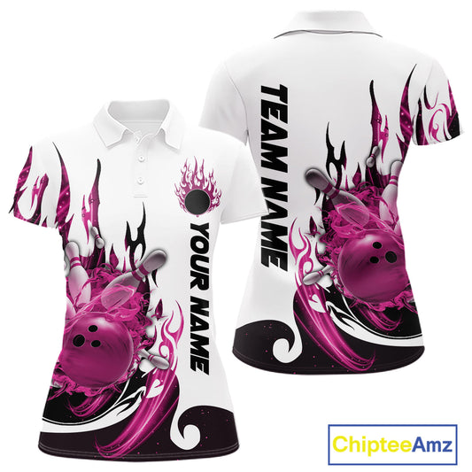 Custom Pink Flame Bowling Team Jerseys, Bowling League Polo Shirt For Women IPHW10726