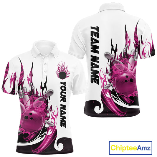 Custom Pink Flame Bowling Team Jerseys, Bowling League Polo Shirt For Men IPHW10726