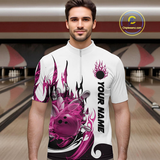 Custom Pink Flame Bowling Team Jerseys, Bowling League Quarter-Zip Shirt For Men IPHW10726