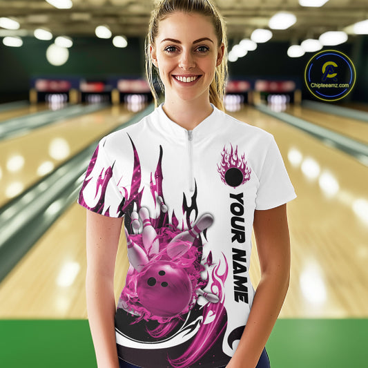 Custom Pink Flame Bowling Team Jerseys, Bowling League Quarter-Zip Shirt For Women IPHW10726