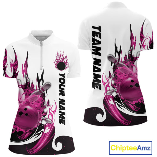 Custom Pink Flame Bowling Team Jerseys, Bowling League Quarter-Zip Shirt For Women IPHW10726