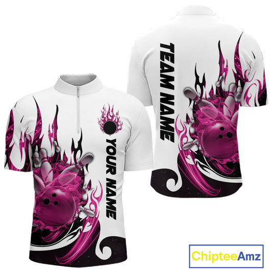 Custom Pink Flame Bowling Team Jerseys, Bowling League Quarter-Zip Shirt For Men IPHW10726