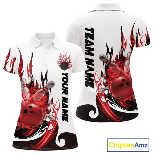 Custom Red Flame Bowling Team Jerseys, Bowling League Polo Shirt For Women IPHW10727