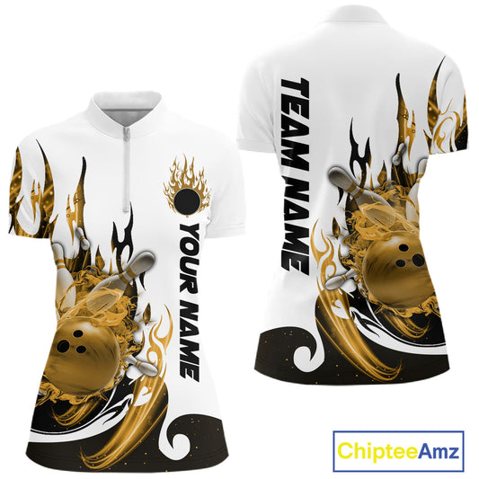 Custom Yellow Flame Bowling Team Jerseys, Bowling League Quarter-Zip Shirt For Women IPHW10728