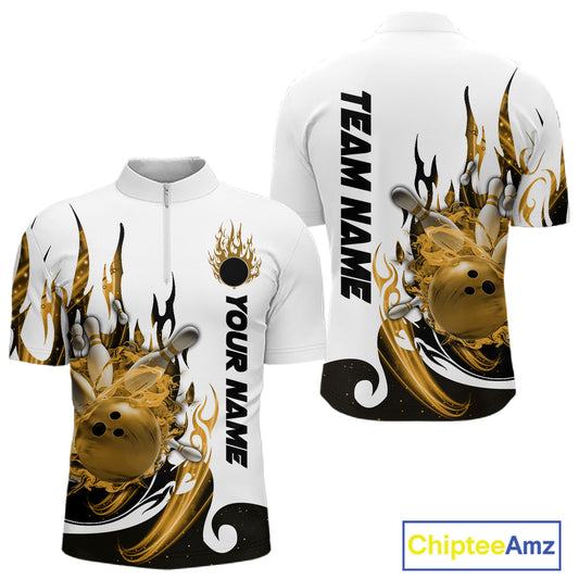Custom Yellow Flame Bowling Team Jerseys, Bowling League Quarter-Zip Shirt For Men IPHW10728