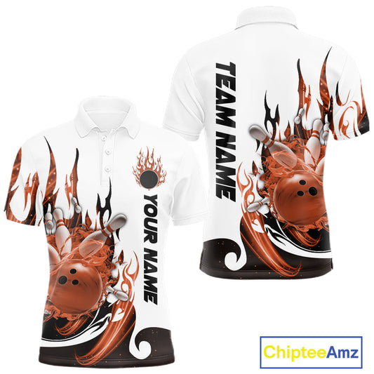 Custom Orange Flame Bowling Team Jerseys, Bowling League Polo Shirt For Men IPHW10729