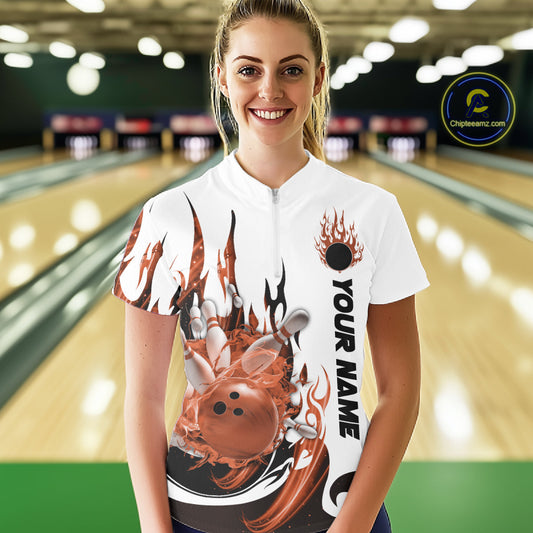 Custom Orange Flame Bowling Team Jerseys, Bowling League Quarter-Zip Shirt For Women IPHW10729