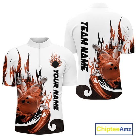 Custom Orange Flame Bowling Team Jerseys, Bowling League Quarter-Zip Shirt For Men IPHW10729