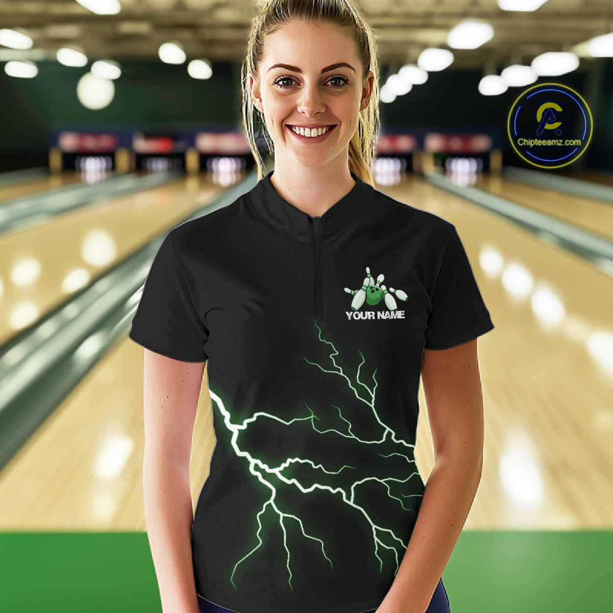 Custom Green Lightning Bowling Ball With Wings Bowling Women Team Shirt, Bowling Jerseys IPHW10730