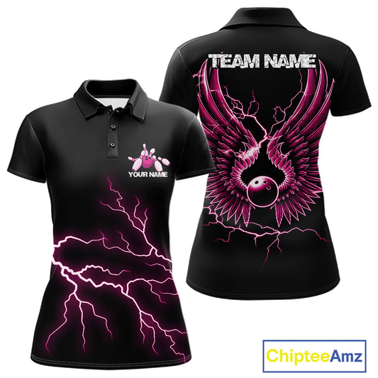 Custom Pink Lightning Bowling Ball With Wings Bowling Women Team Shirt, Bowling Jerseys IPHW10731