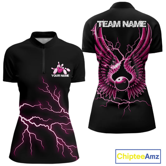 Custom Pink Lightning Bowling Ball With Wings Bowling Women Team Shirt, Bowling Jerseys IPHW10731