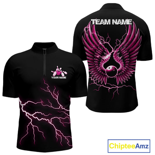 Custom Pink Lightning Bowling Ball With Wings Bowling Men Team Shirt, Bowling Jerseys IPHW10731