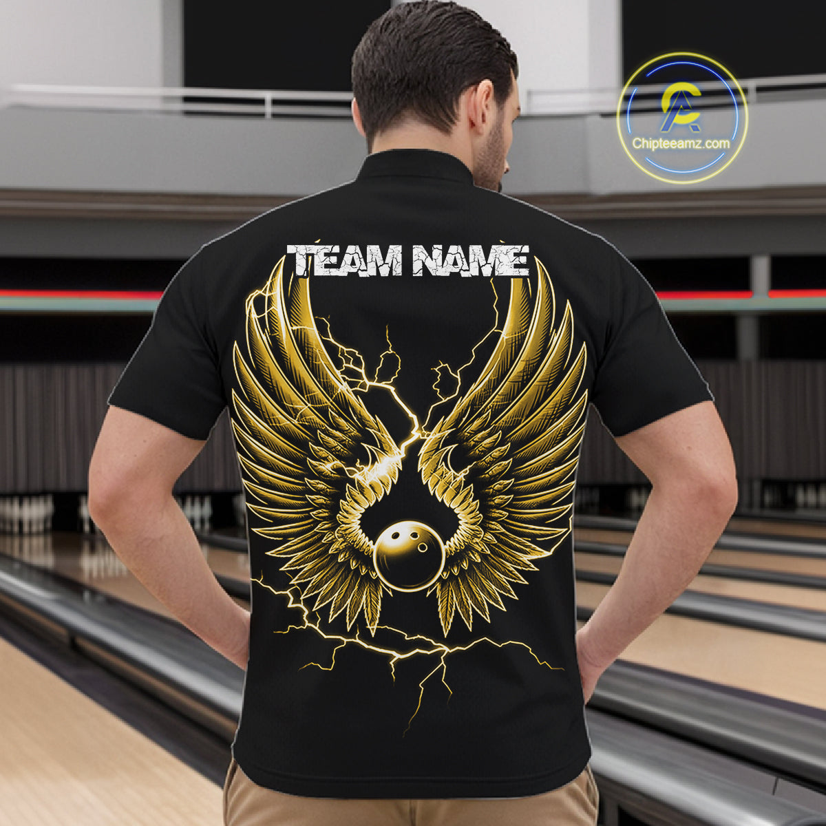 Custom Yellow Lightning Bowling Ball With Wings Bowling Men Team Shirt, Bowling Jerseys IPHW10732