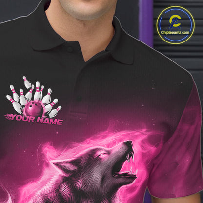 Pink Flame Wolf Custom Bowling Team Shirt For Men, Fire Wolf Bowling Jerseys IPHW10734