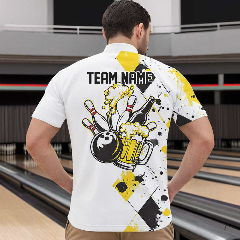 Yellow Argyle Pattern Custom Funny Bowling And Beer Team Quarter-Zip Shirts For Men IPHW8889