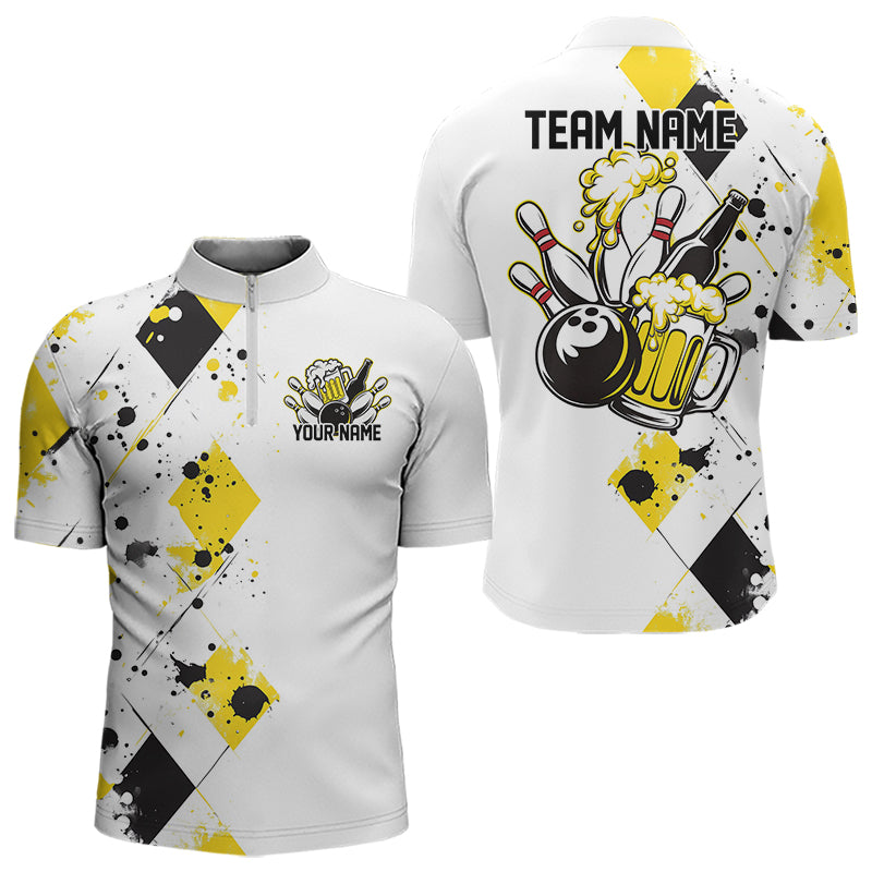 Yellow Argyle Pattern Custom Funny Bowling And Beer Team Quarter-Zip Shirts For Men IPHW8889