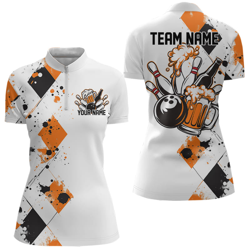 Orange Argyle Pattern Custom Funny Bowling And Beer Team Quarter-Zip Shirts For Women IPHW8890