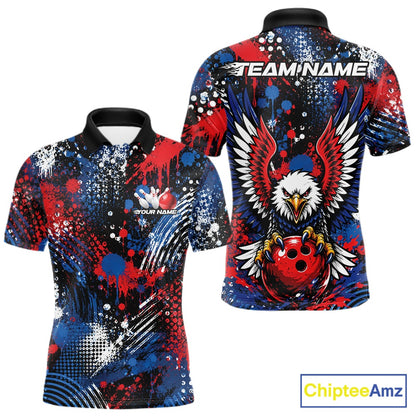 Custom red, white, and blue patriotic eagle bowling polo shirt with paint splatter graphics showing front and back views