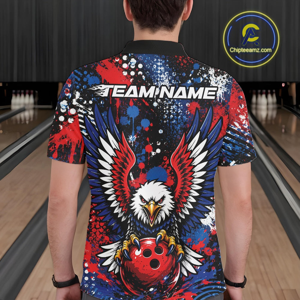 Male model showcasing the back design of a custom red, white, and blue patriotic eagle bowling shirt with a "TEAM NAME" customizable text template in a bowling alley lane.