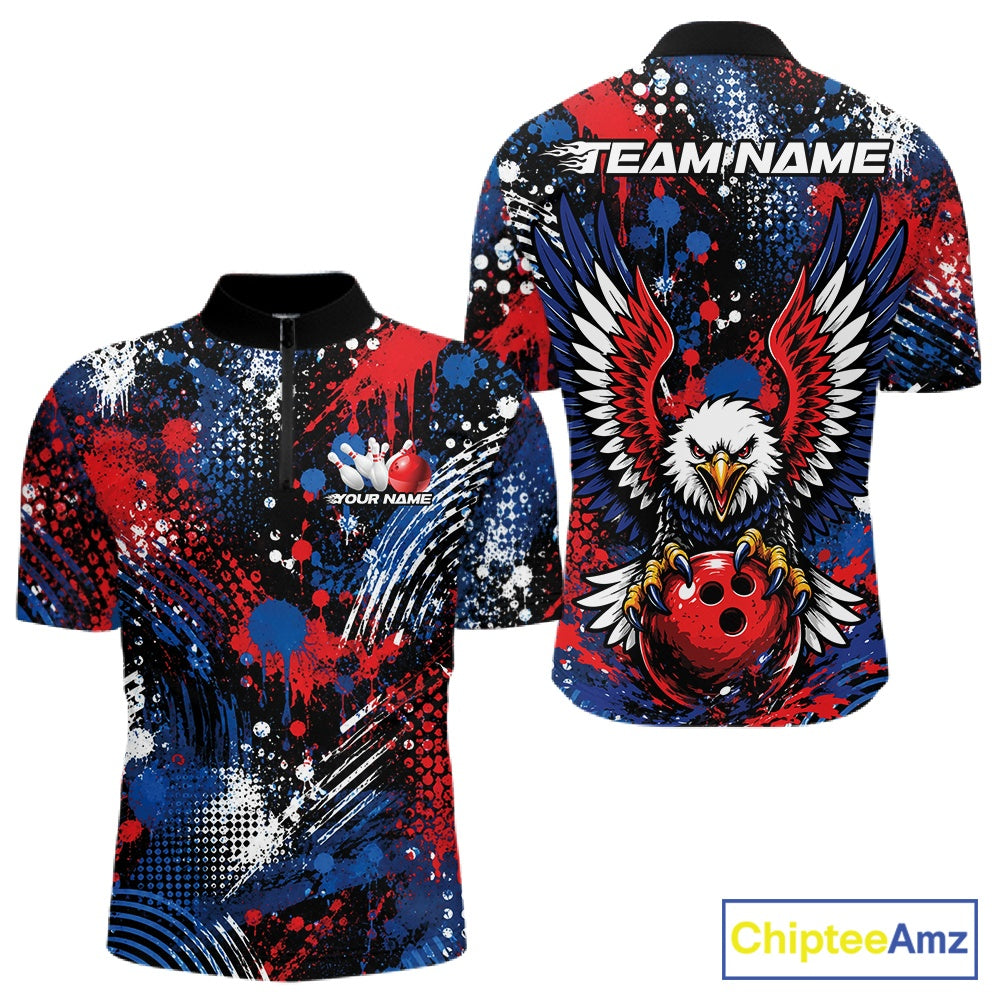 Custom red white blue splatter patriotic eagle bowling men quarter-zip shirt front and back design.
