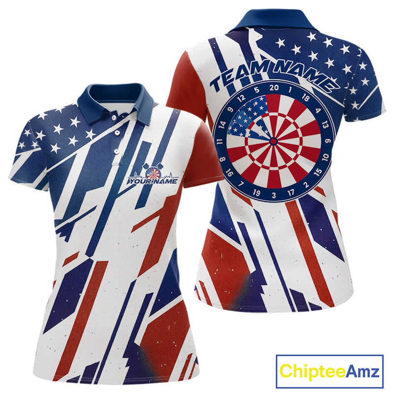 Custom Red, White And Blue Patriotic Dart Jerseys, US Flag Dart Team Women Polo Shirt IPHW9694