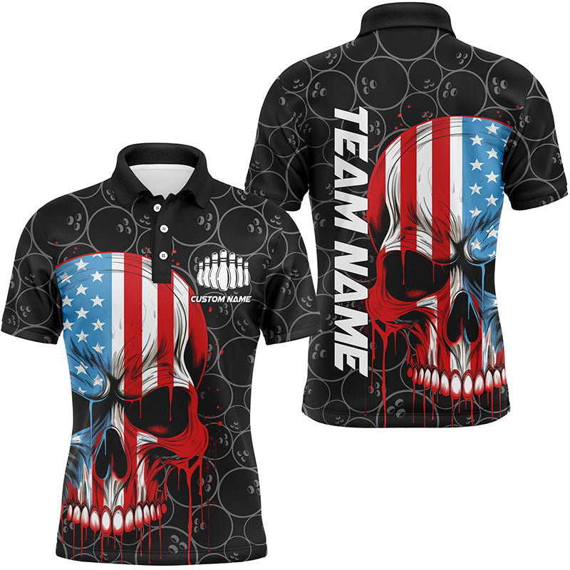 US Flag Skull Bowling Shirts For Men With Custom Name, Personalized Patriotic Bowling Jerseys IPHW5238