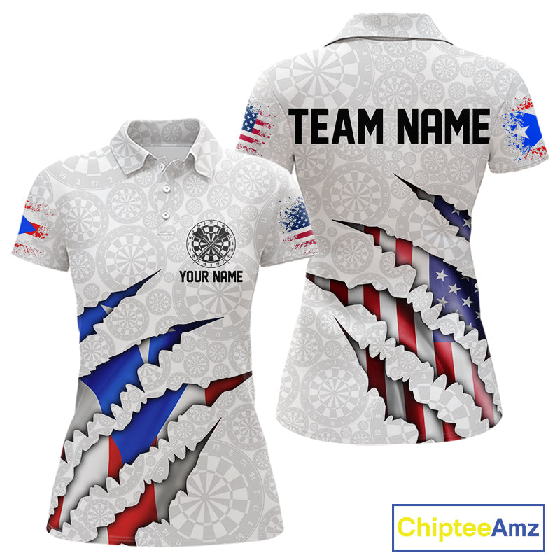 Custom Puerto Rico American Flag Dart Team Polo Shirt For Women, Patriotic Dart Jerseys IPHW10022