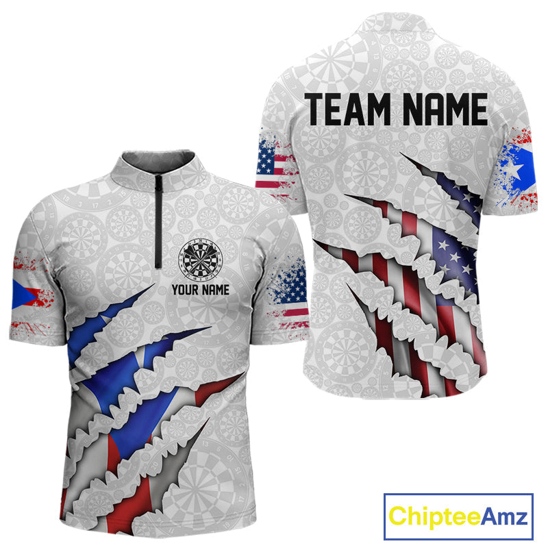 Custom Puerto Rico American Flag Dart Team Quarter-Zip Shirt For Men, Patriotic Dart Jerseys IPHW10022