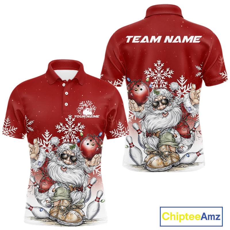 Custom Funny Santa Claus Christmas Bowling Men Polo Shirts, Xmas Bowling Team Shirt IPHW10108