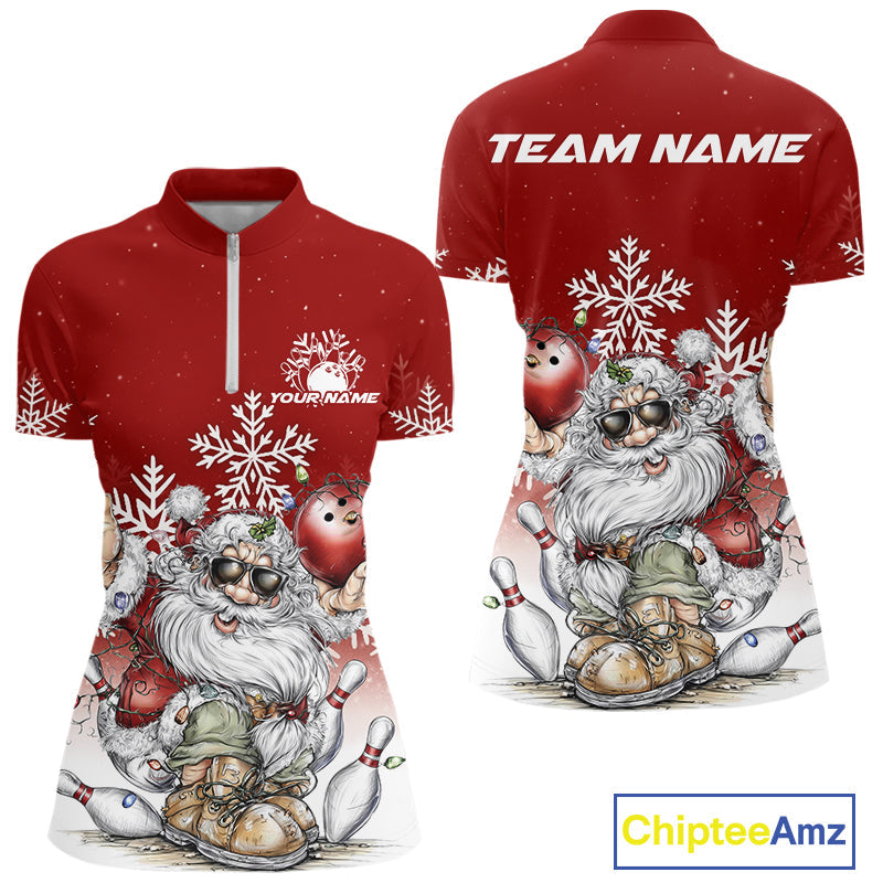 Custom Funny Santa Claus Christmas Bowling Women Quarter-Zip Shirts, Xmas Team Shirt IPHW10108