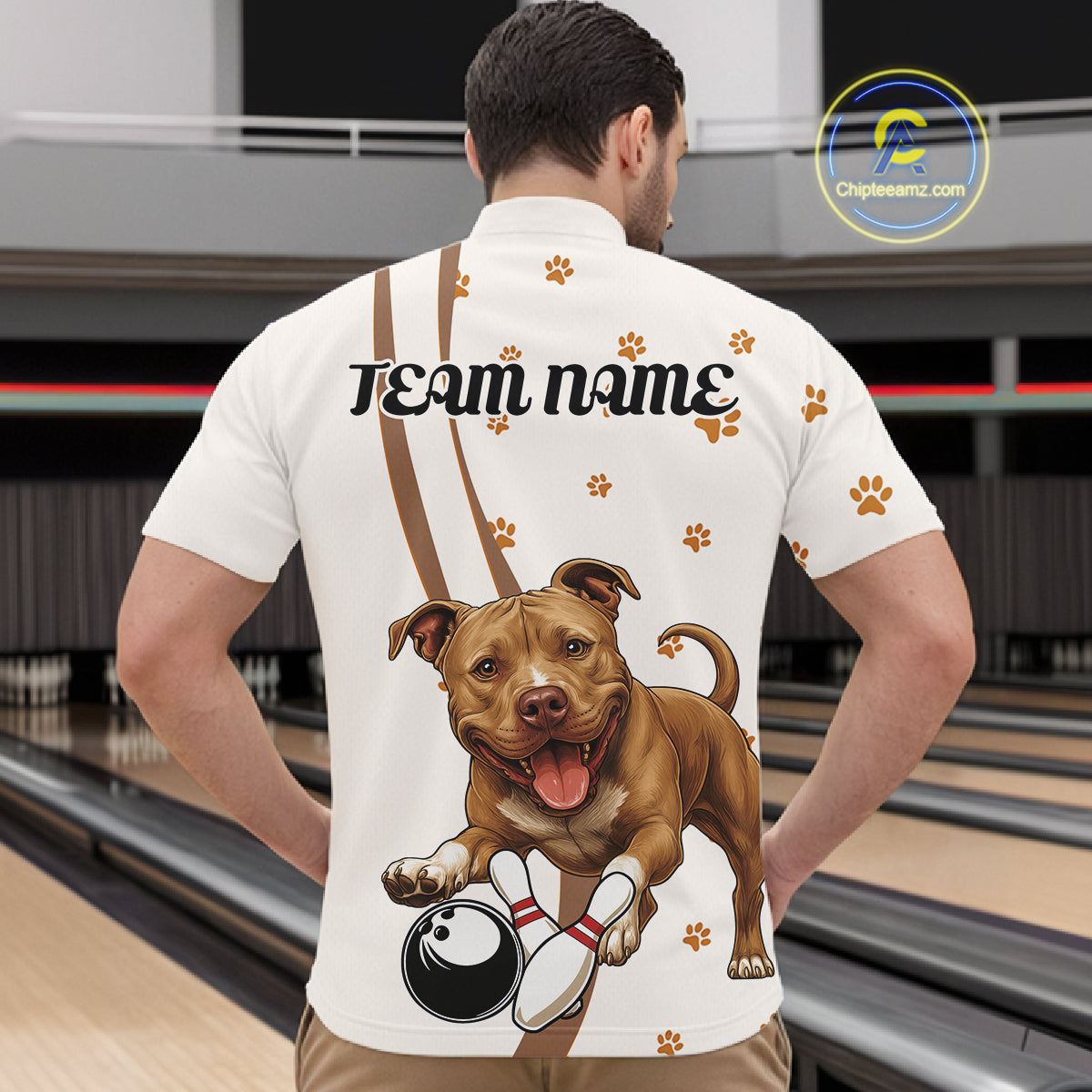 Custom Funny Brown Pitbull Dog Bowling Men Quarter-Zip Shirts, Dog Paw Print Bowler Outfit IPHW10248