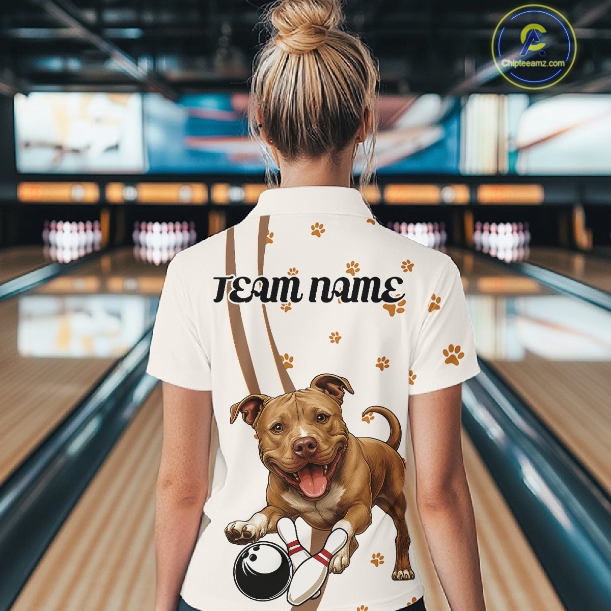 Custom Funny Brown Pitbull Dog Bowling Women Shirts, Dog Paw Print Bowler Outfit IPHW10248